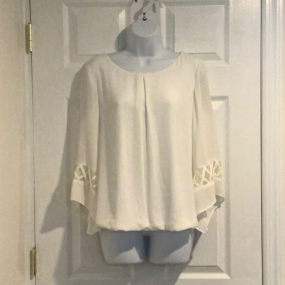 AB Studio Cream Chiffon Blouse with Crochet Sleeve Detail